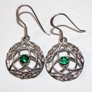 Sterling Silver Green Glass Celtic Knot Earrings